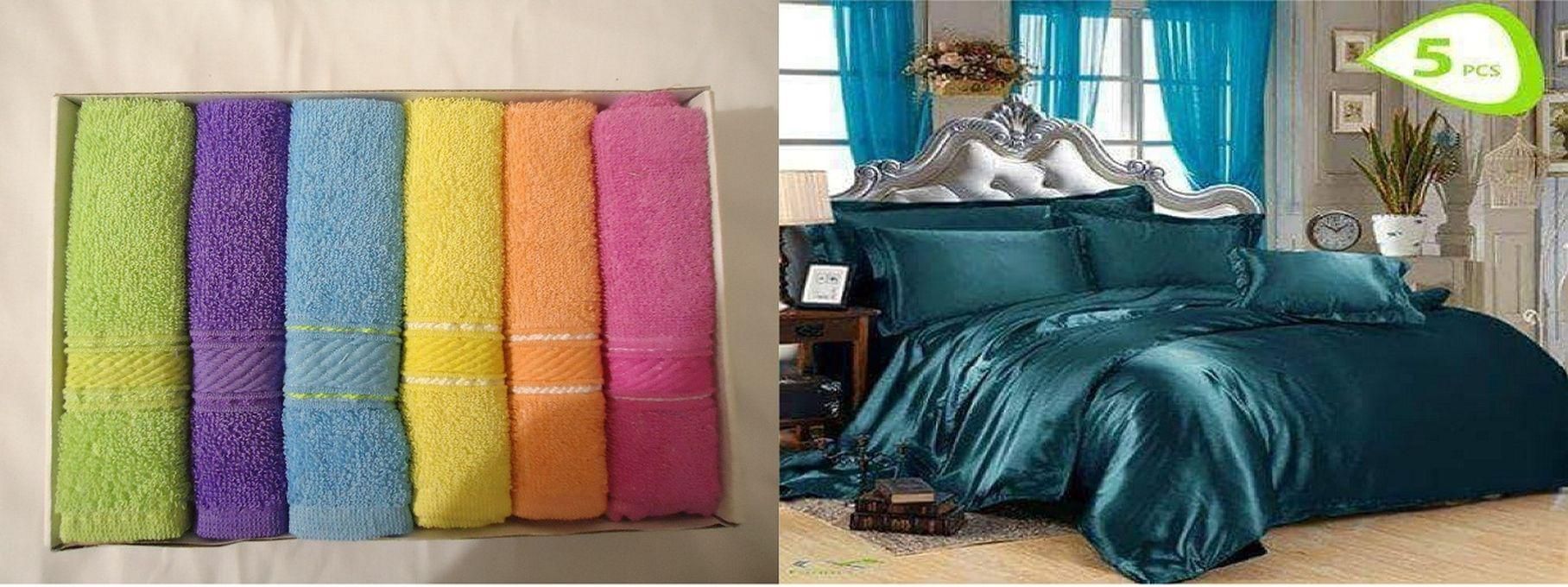 Satin Bed Sheet Set - 5 Pcs - Turquoise + Cotton Towels - 6 Pcs - 30*30 Cm