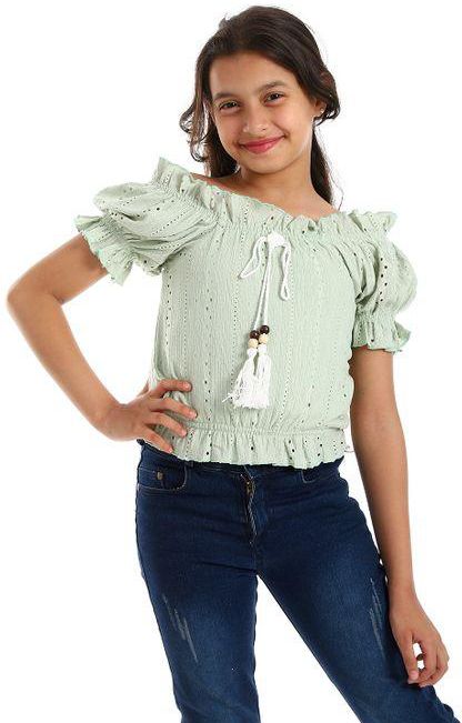 Perforated Off Shoulders Mint Green Girls Blouse