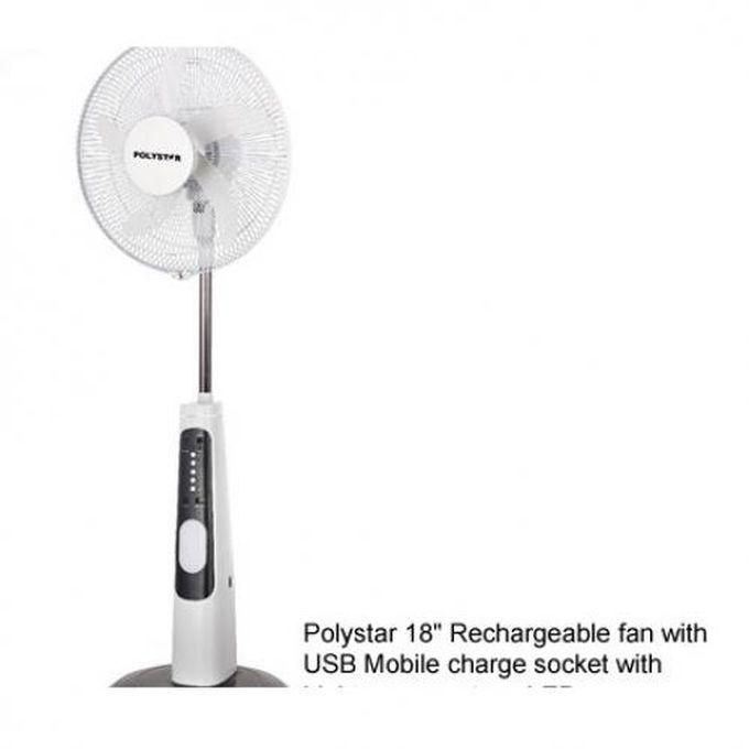 Polystar 18" RECHARGEABLE FAN WITH REMOTE, USB, LED LIGHT, 12V7AH