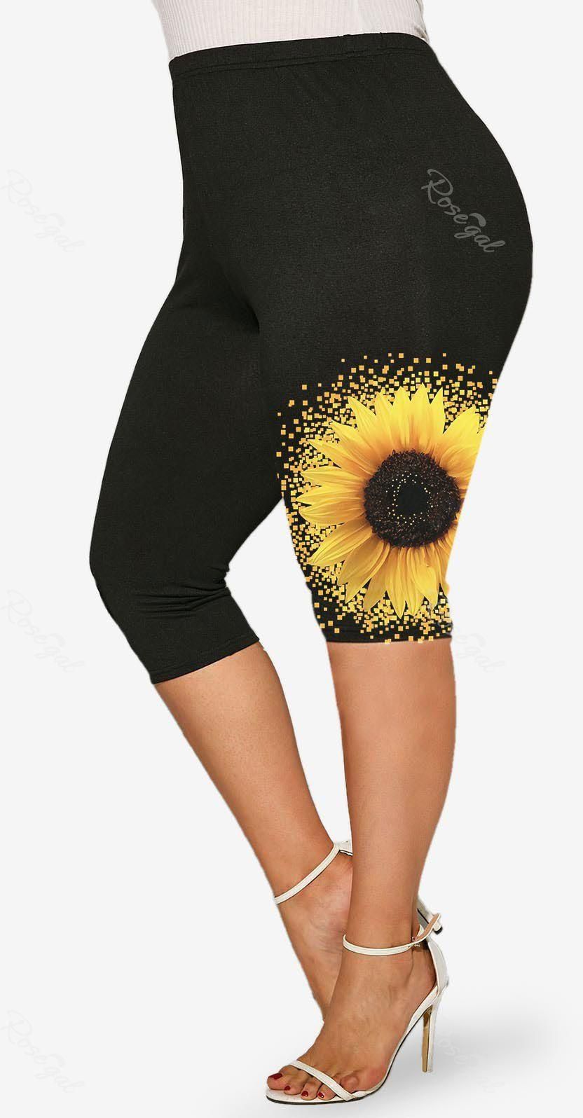 Plus Size High Waist Sunflower Print Capri Leggings - L | Us 12