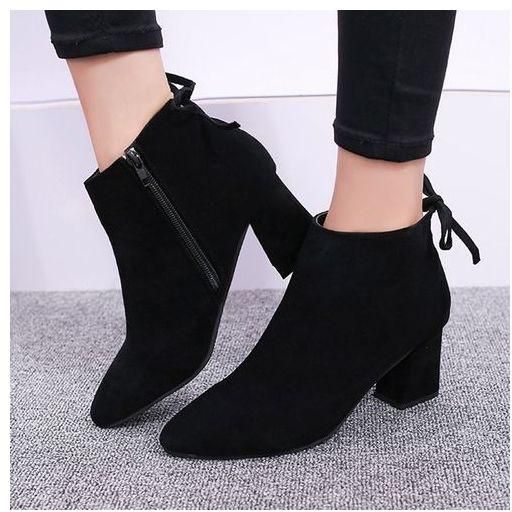 Eissely Women Boots Square Heel Lace Up Ankle Boots Martin High Heels Platform Boots- Black