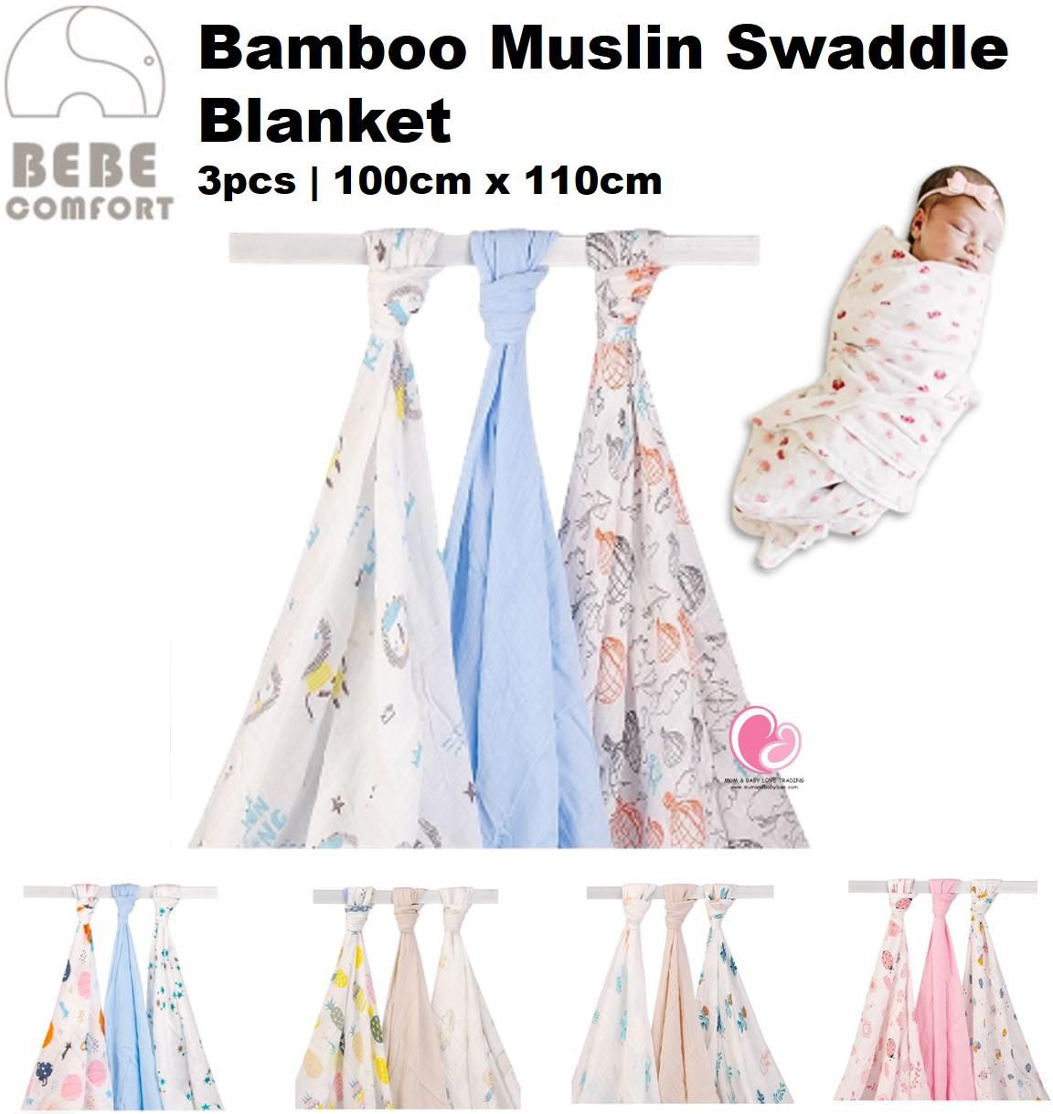 Bebe Comfort 3pcs Bamboo Muslin Swaddle Blanket 110cm x 100cm (5 Options)