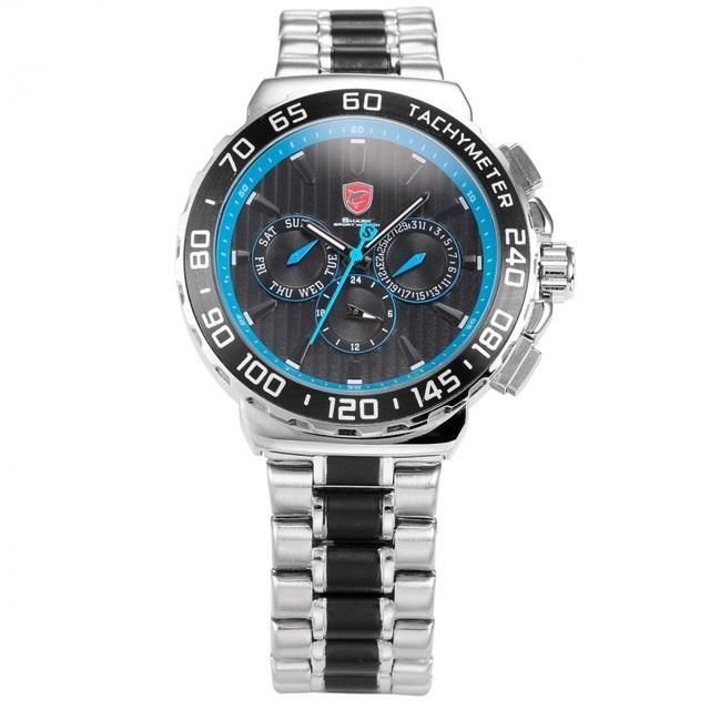 Shark Silver Stainless Steel Band Blue Dial Auto Date 6 Hands Dual Time Zone RS023S