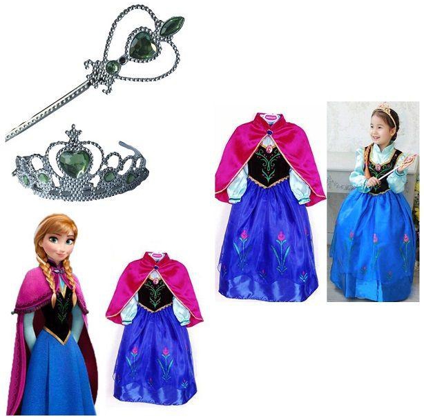 3 Pieces Elsa Anna Multicolor Dress Frozen Costume With Dark Green Crown And Wand 2-3 Years