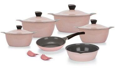14Pieces Cookware Set Pot 18 - 20 - 24 - 28 - Frying pan 24 - Tray 26 + 4 silicone hot pot holder -Pink