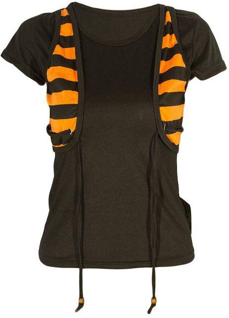 Fashion Top Stripped Short Sleeves Two In One 42lengthx36bust- Orange Black