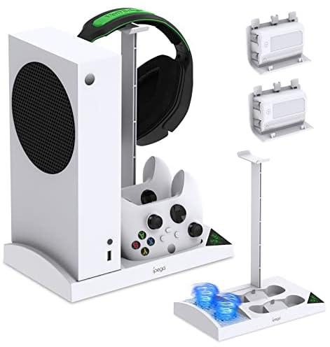 Cooling Stand for Xbox Series S Console with Controller Charging Station - Dual Powerful Cooling Fan & Controller Charger Dock with 2 x 1400mAh Rechargeable Batteries, Headset Holder for XSS, White