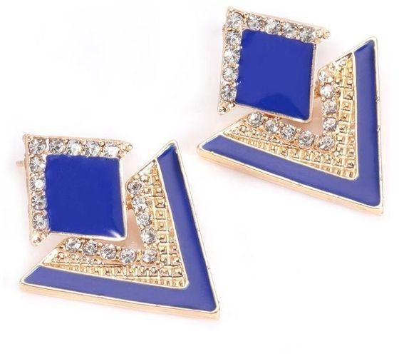 Fashion Rhinestone Embellished Triangle Rhombus Earrings - Blue