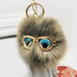 Cute Faux Fur Eyes Glasses Ball Keychain - Gray