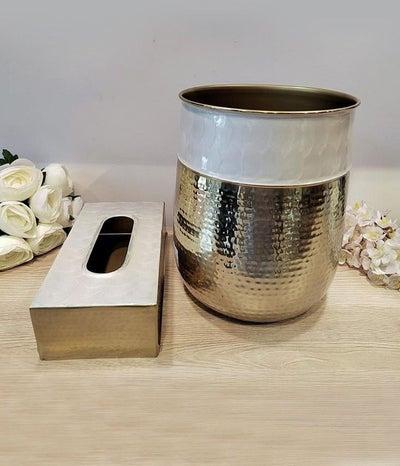 Two-piece set of elegant and modern polka dot design Trash Bin and Tissue Box White Gold