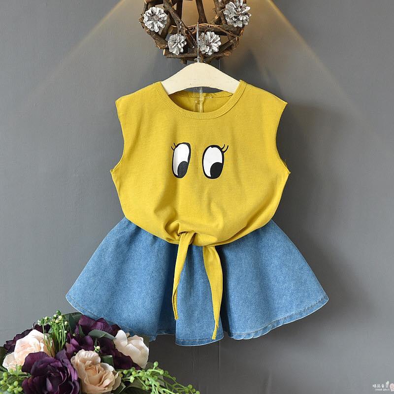 Girls Suit Cartoon Eyes Printed Skirt 2-7Y - 1 Size (Yellow)