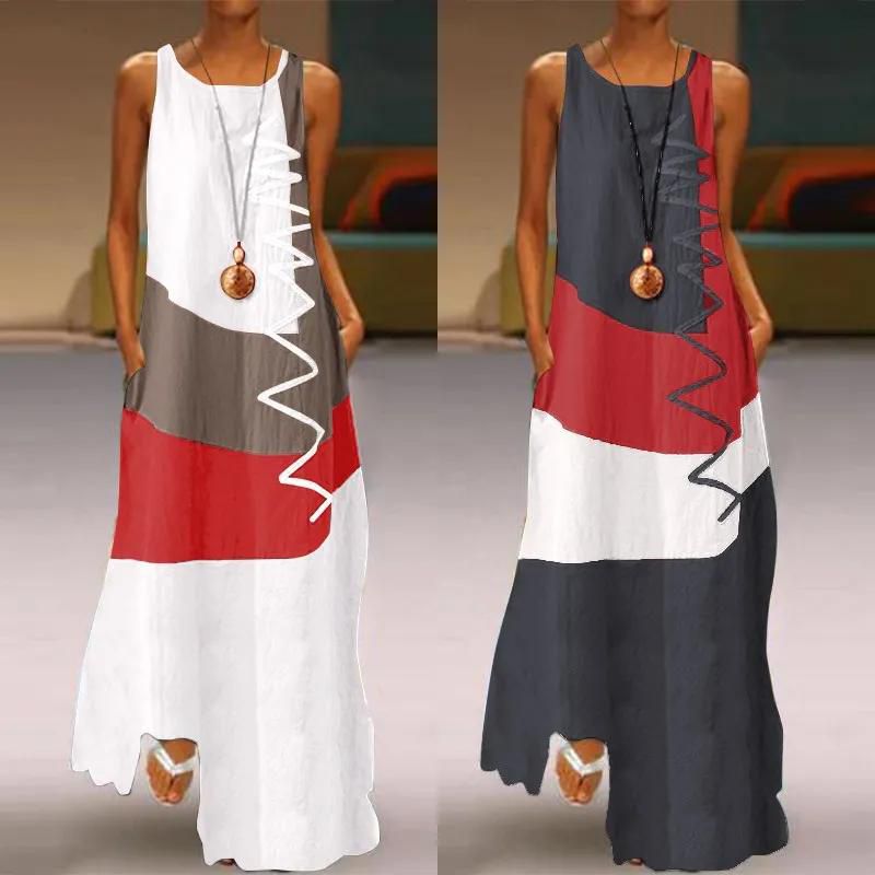 2022 Vintage Color Stitching Maxi Dress Women's Summer Sundress Casual Sleeveless Tank Vestidos Female O Neck Robe Femme S brown