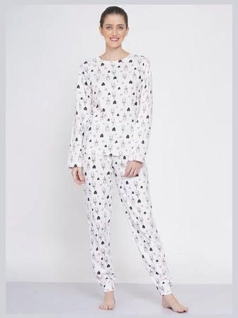 Printed Nightwear Women Pyjama Set Off White