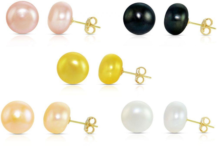 Vera Perla 10K Yellow Gold Pearl Stud Earrings Pack of 5, Screw Closure