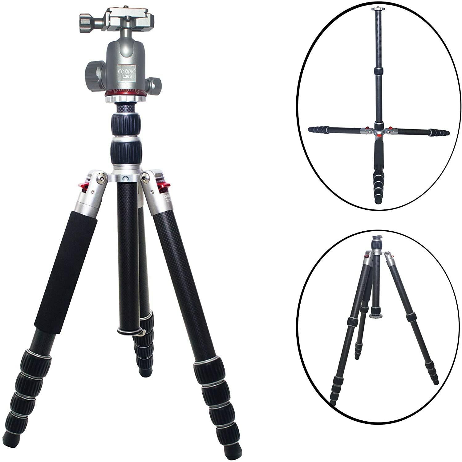 Coopic T-25C+L30S Carbon Fiber 3 In 1 Tripod Monopod Ball Head Max 63 Inch/160 cm With Fluid Metal Ball Video Head 1/4-Inch Quick Shoe Plate And Bag For DSLR Camera Video Camcorder Load Up To 15 Kg