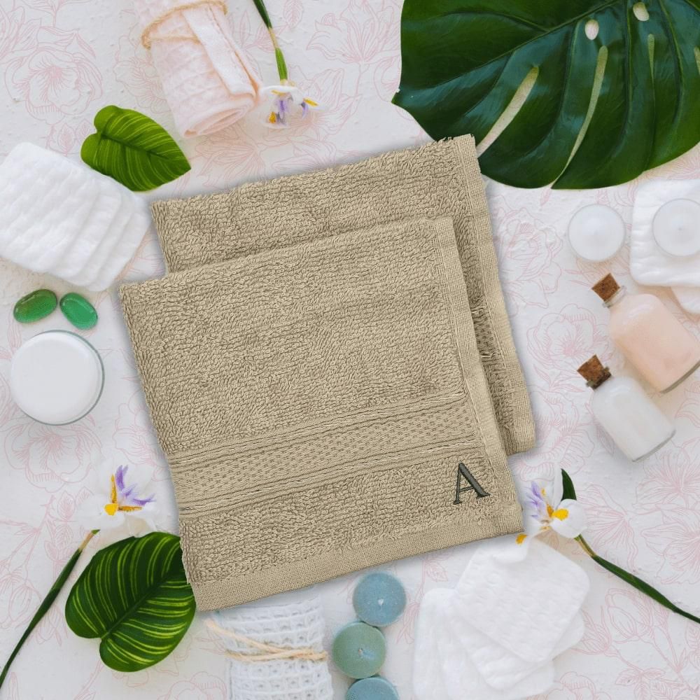 BYFT - Daffodil (Light Grey) Monogrammed Face Towel (30 x 30 Cm - Set of 6) - 500 Gsm Black Thread Letter "A"- Babystore.ae