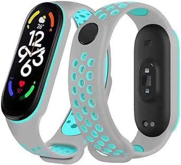 Silicone Sport Strap Compatible with Mi Band 5 / Mi Band 6 Breathable Replacement Strap Compatible with Xiaomi Mi Band 5 6 Smart Watch, One Size (Grey/Turquoise)