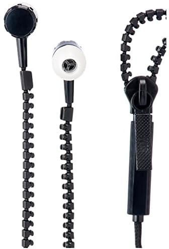 سماعة Zipper داخل الأذن سلكي اذن بتصميم سحاب مقاوم للتشابك مع ميكروفون، اسود