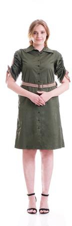 Cotton-Button Short Pleated Sleeve Midi Dress size: L - Khaki