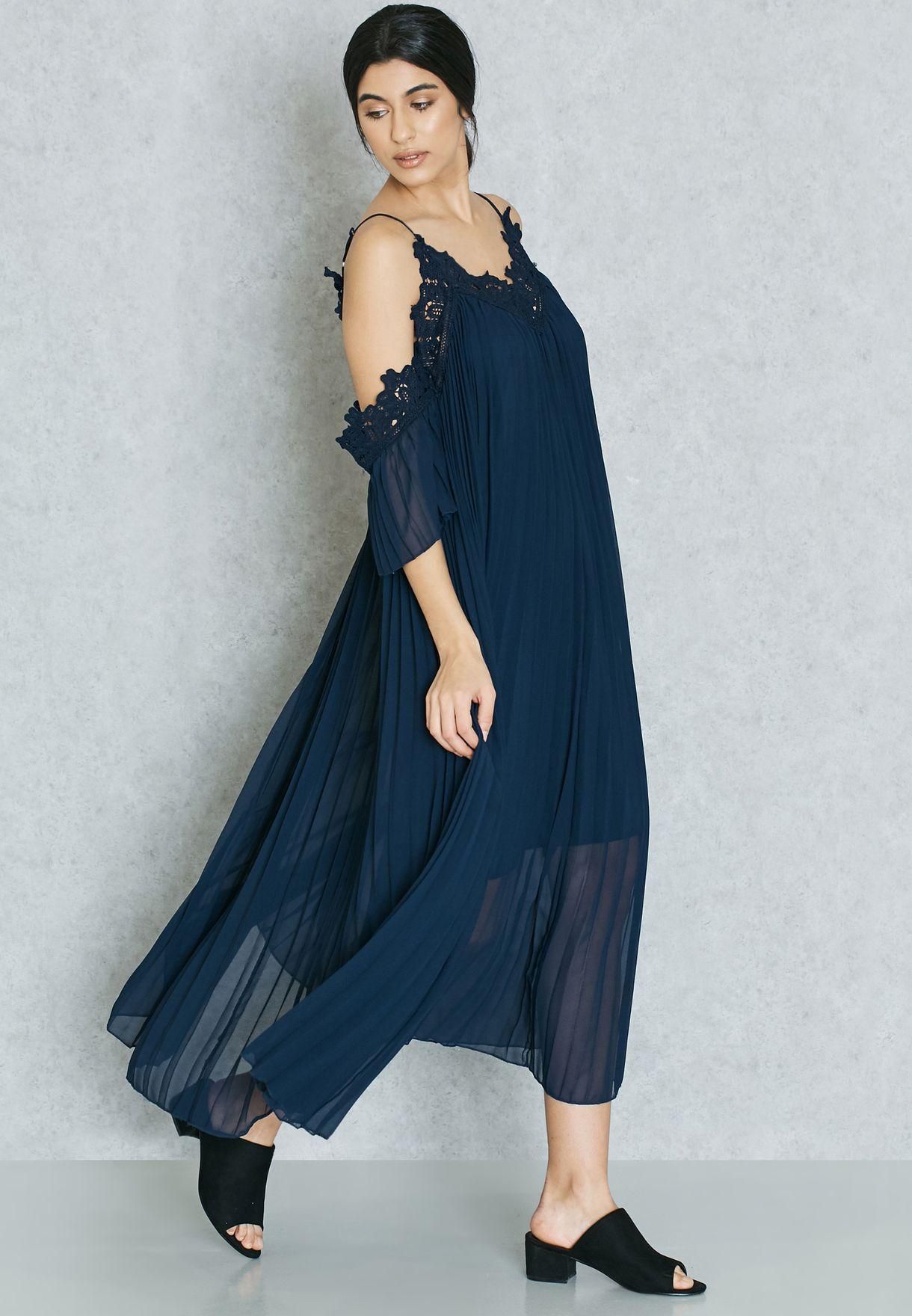 Lace Trim Cold Shoulder Maxi Dress