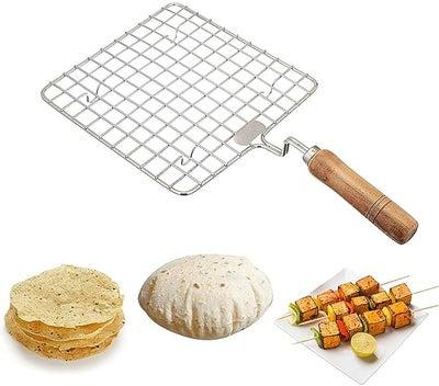 Stainless Steel Multi-Functional Wire Steaming Cooling and Baking Barbecue Rack Square Wire Roaster Rack/Papad Jali/Roti Grill Round Shape with Wooden Handle
