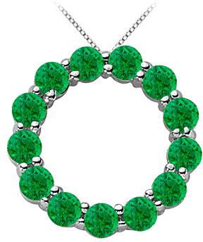 14K White Gold May Birthstone of Created Emerald Circle Necklace with 2 CT Total Gem Weight