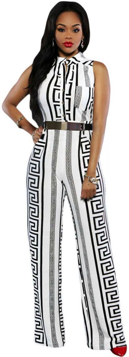 White Print Gold Belted Jumpsuit
