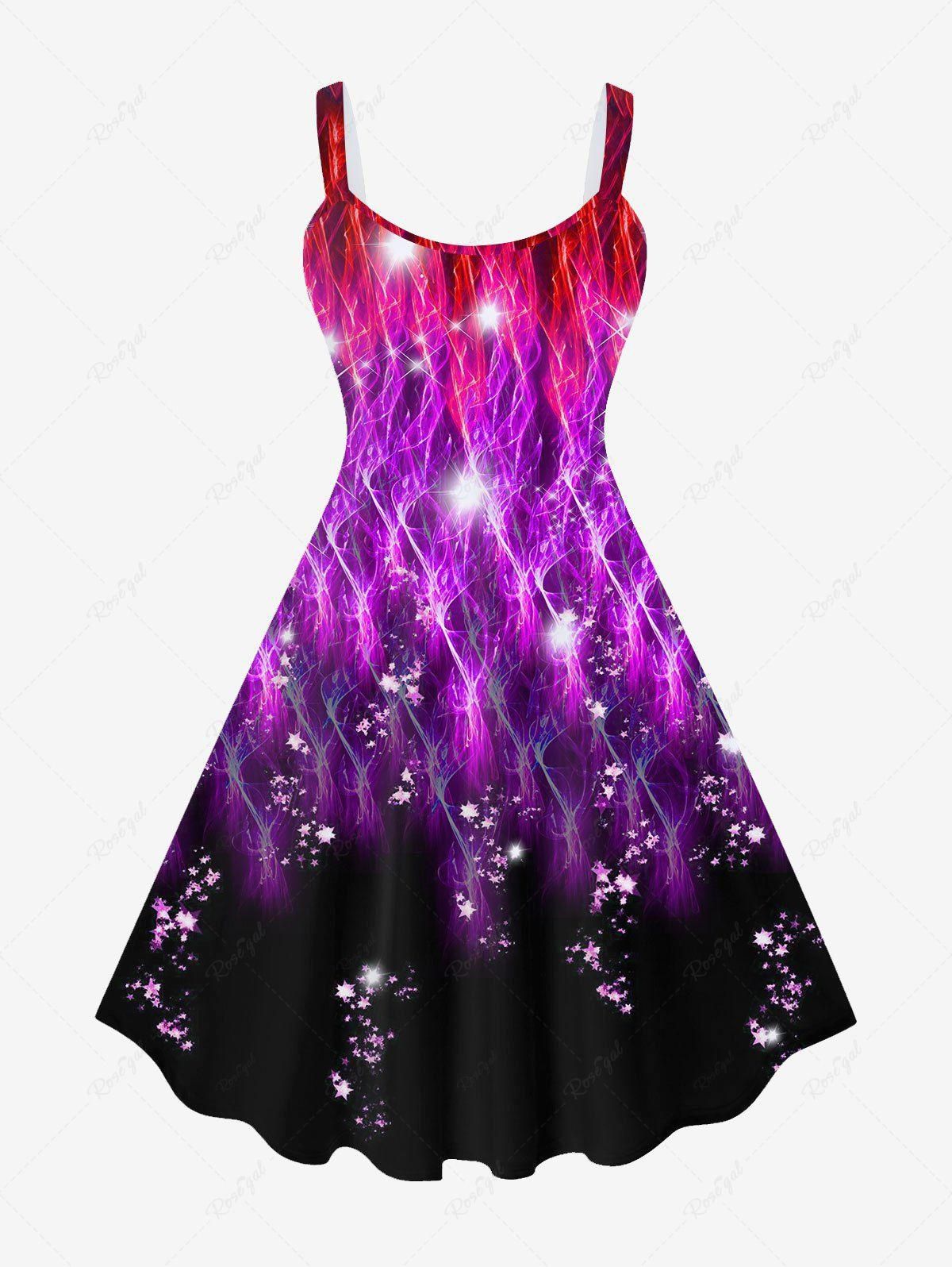 Plus Size Glitter Sparkling Floral Light Beam Colorblock Print A Line Ombre Tank Party New Years Eve Dress - 2x