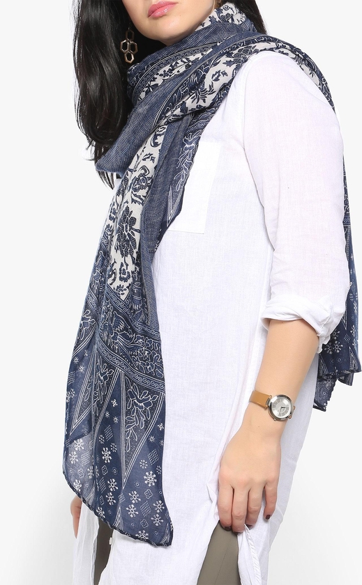 Navy Blue and White Printed Scarf