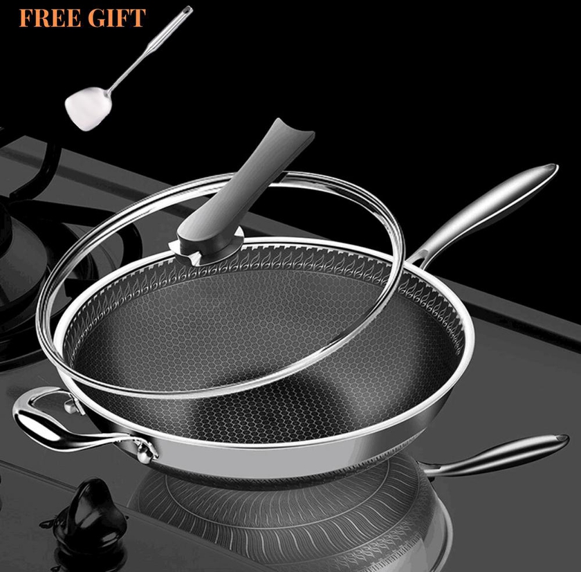 32cm Stainless Steel 304 Double-Sided Honeycomb Fry Pan Glass Lid