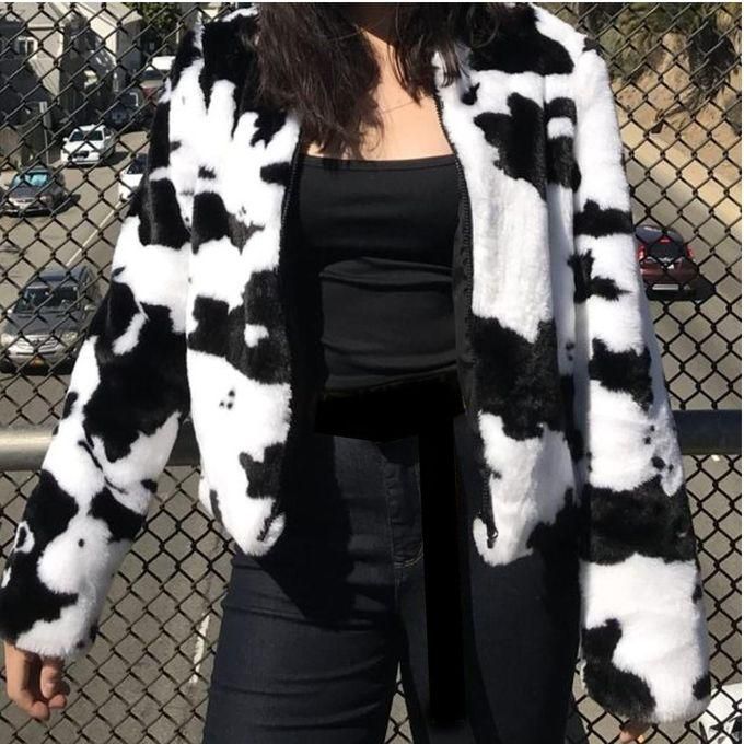 Fashion Cow Print Faux Fur Jacket - Black/White