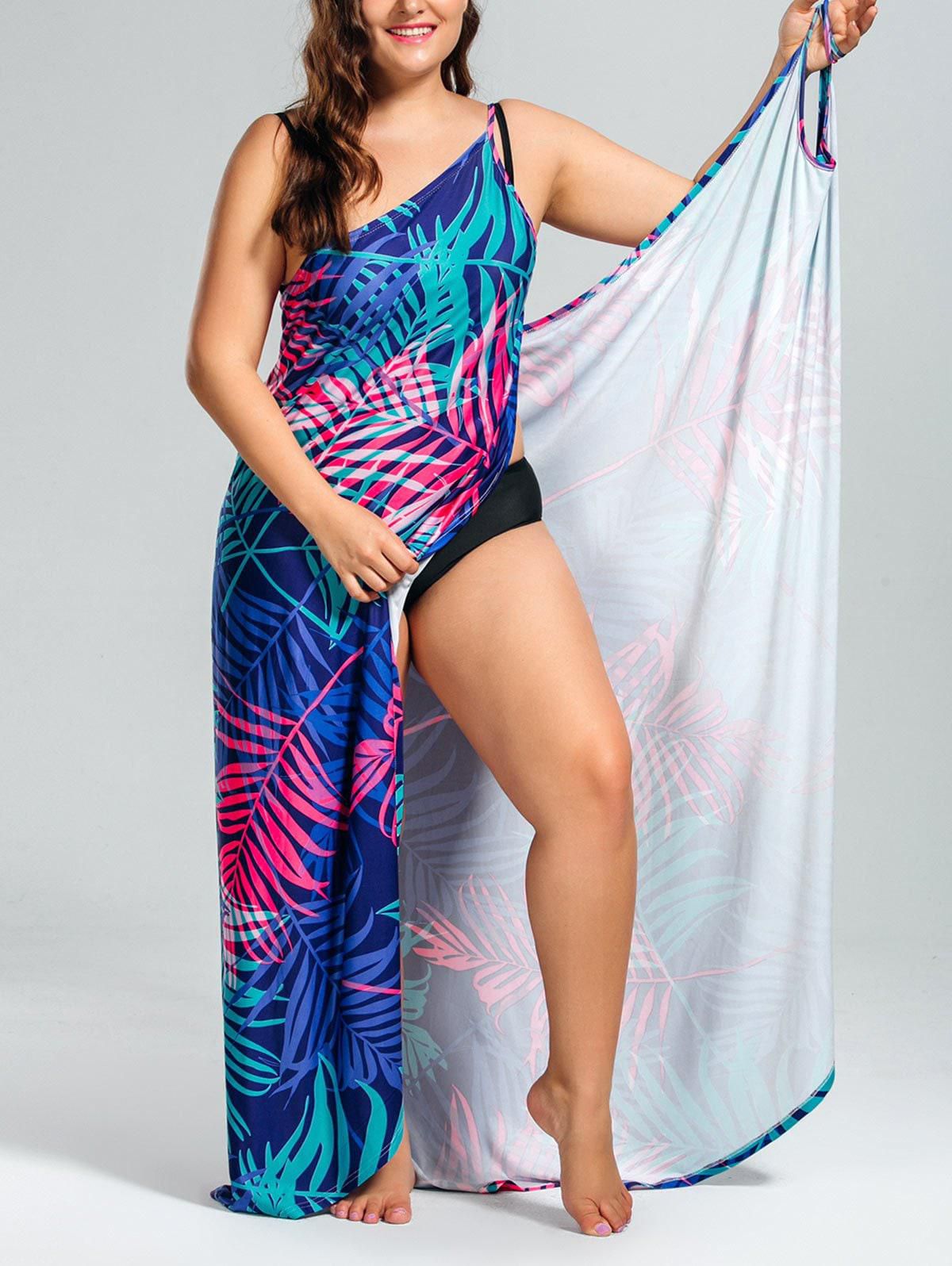 Tropical Leaf Printed Plus Size Cover Up Dress - 3xl