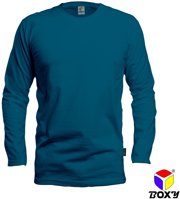 Boxy Microfiber Round Neck Long Sleeves Plain T-shirt - 7 Sizes (Turquoise Blue)