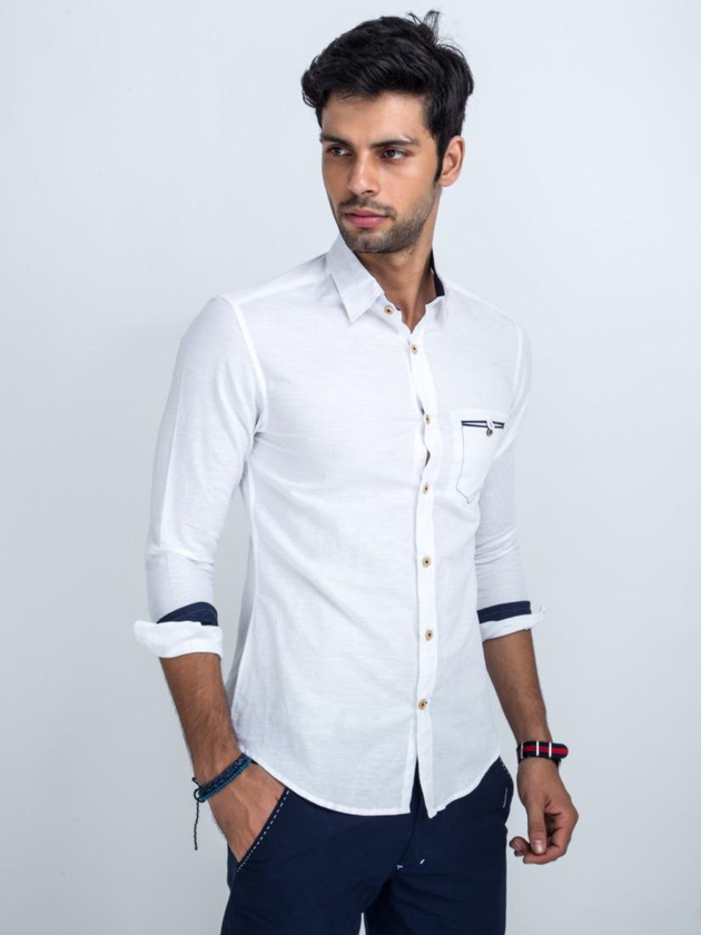 Mr Button - White Linen Shirt With Blue Pocket Detail -  STA010