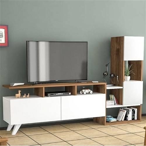 TV Unit with Side Shelves, Wood & White - TV150