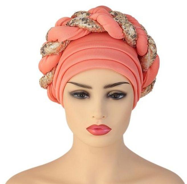 Latest African Shinning Sequins Turban Cap Muslim Women Headwraps Auto Gele Hat