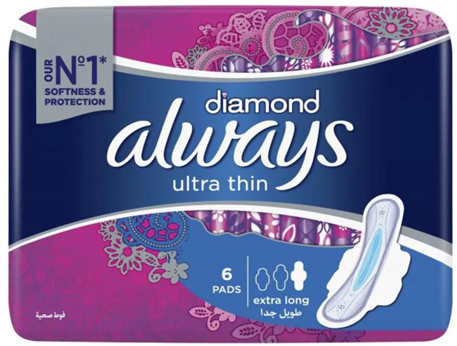 Always | Diamond Ultra Thin & Extra Long Sanitary Pads with Wings | 6 Pcs