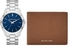 Michael Kors Oversized Slim Runway Men's Watch 44mm With Saffiano Leather Wallet Set Silver MK1060SET