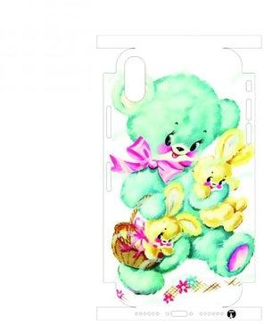 Printed Back Phone Sticker With The Edges For IPHONE XS MAX A blue doll holds two yellow dolls and a straw basket