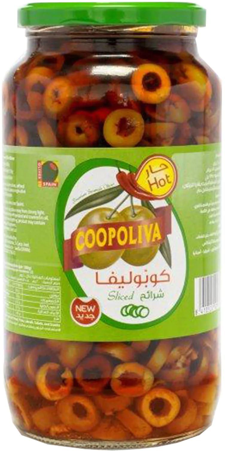Coopoliva hot sliced green olive 850 g