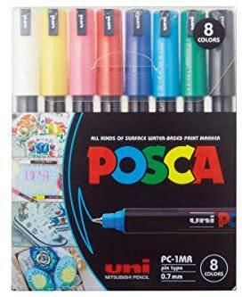 Uni-Posca Paint Marker Pen - Pc-1Mr Extra Fine 0.7mm, 8 Colors Water-Based Paint Marker.