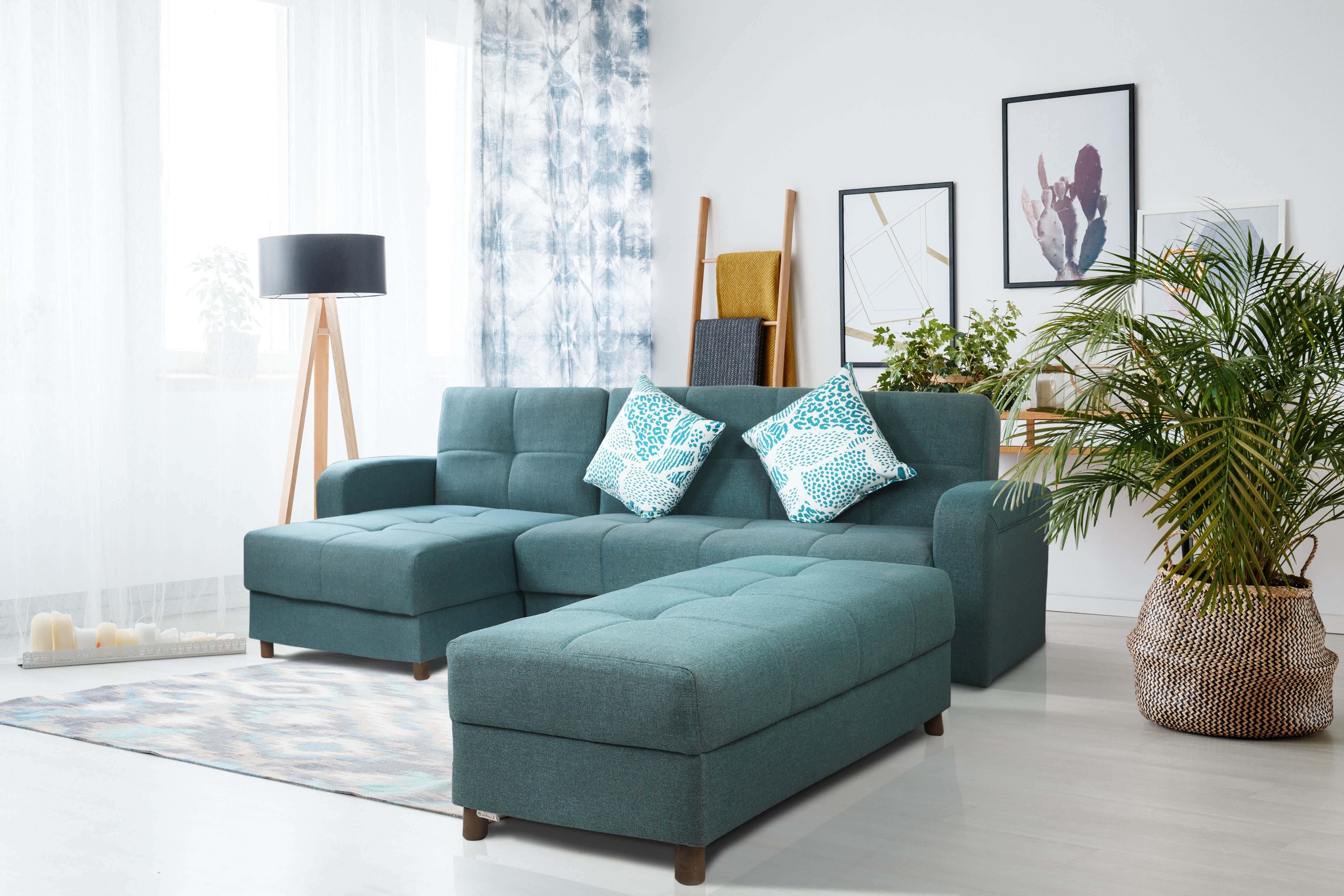 Get Aldora Rahway Multi-Use Linen Fabric And Wood L-Shaped Corner Sofa Bed, Sofa 2 Seats, Chaise Longue, Puff, 2 Cushion - Turquoise with best offers | Raneen.com