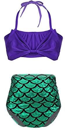 Tiaobug Kids Girls 2Pcs Tankini Bikini Mermaid Swimsuit Swimwear Bathing Suit Halter Tops With Bottom Set Purple&Green 8-10