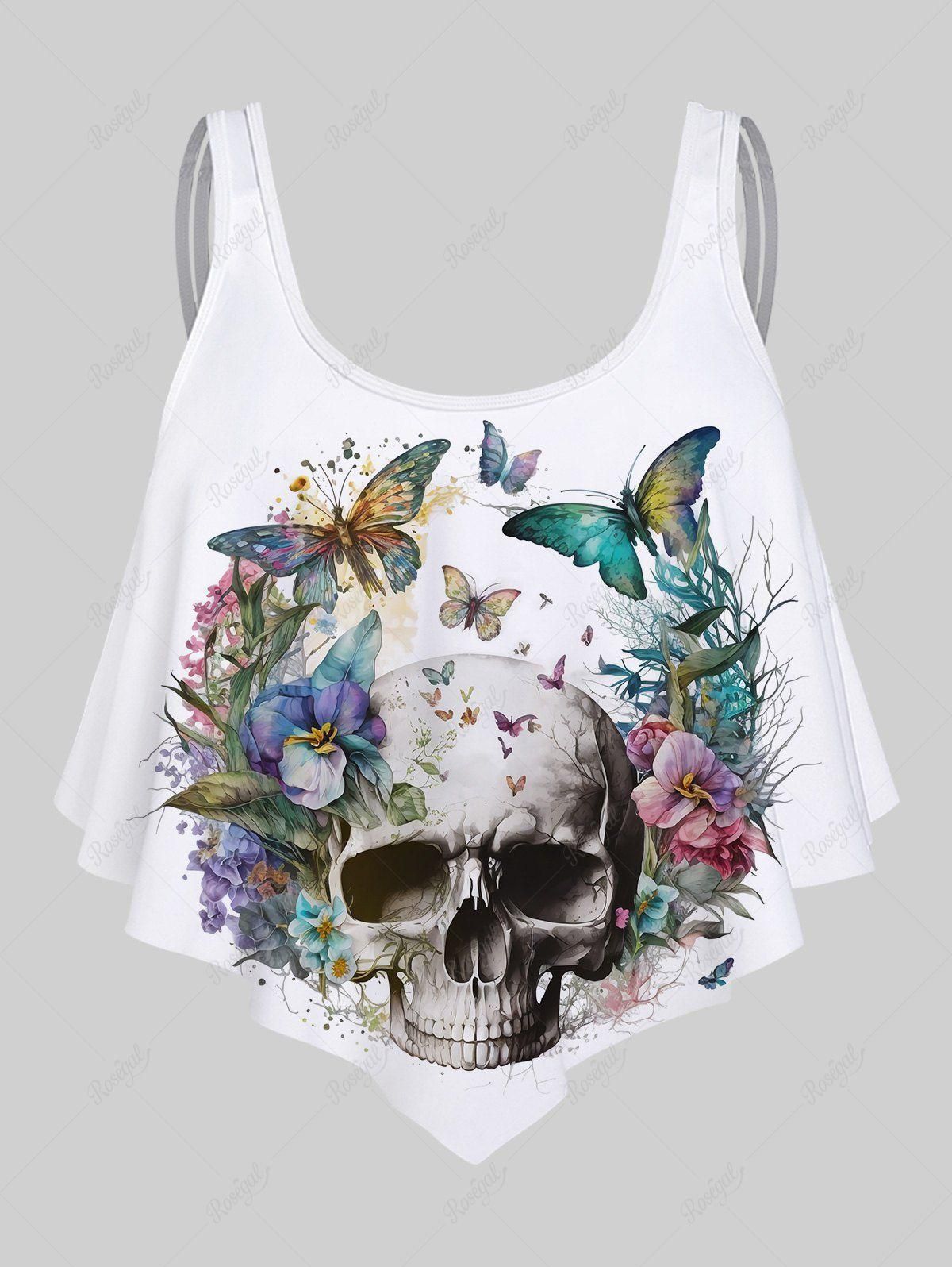Gothic Flower Skull Butterfly Print Tankini Top (Adjustable Shoulder Strap) - 5x