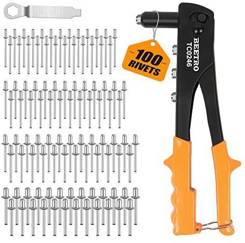 BEETRO Heavy Duty Hand Riveter, Rivet Gun, 3/32"-1/8"-5/32"-3/16", 4 Nosepieces Set Includes 100pcs Rivets, Durable and Suitable for Metal, Plastic and Leather