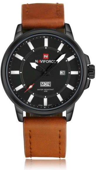 Naviforce 9075 Men Japan Quartz Watch PU Leather with Week and Date - Brown