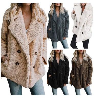 Fashion Button Pocket Women's Lapel Long Sleeve Autumn Winter Soft Warm Coat Dark Gray