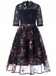Lace Insert Floral Print Midi Dress - Black - 2xl