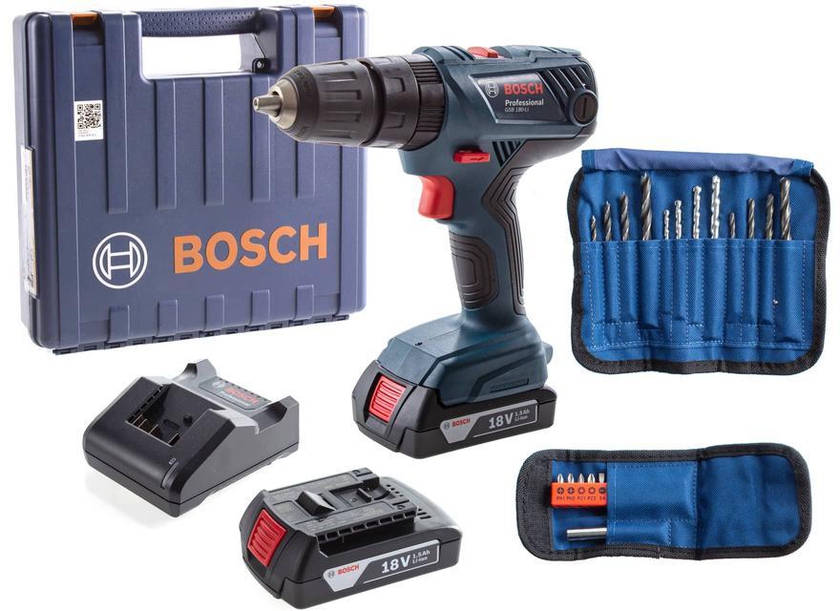 Bosch Professional Cordless Combi Impact Drill, GSB 180-Li + Drill Bit Set + Screw Bit Set