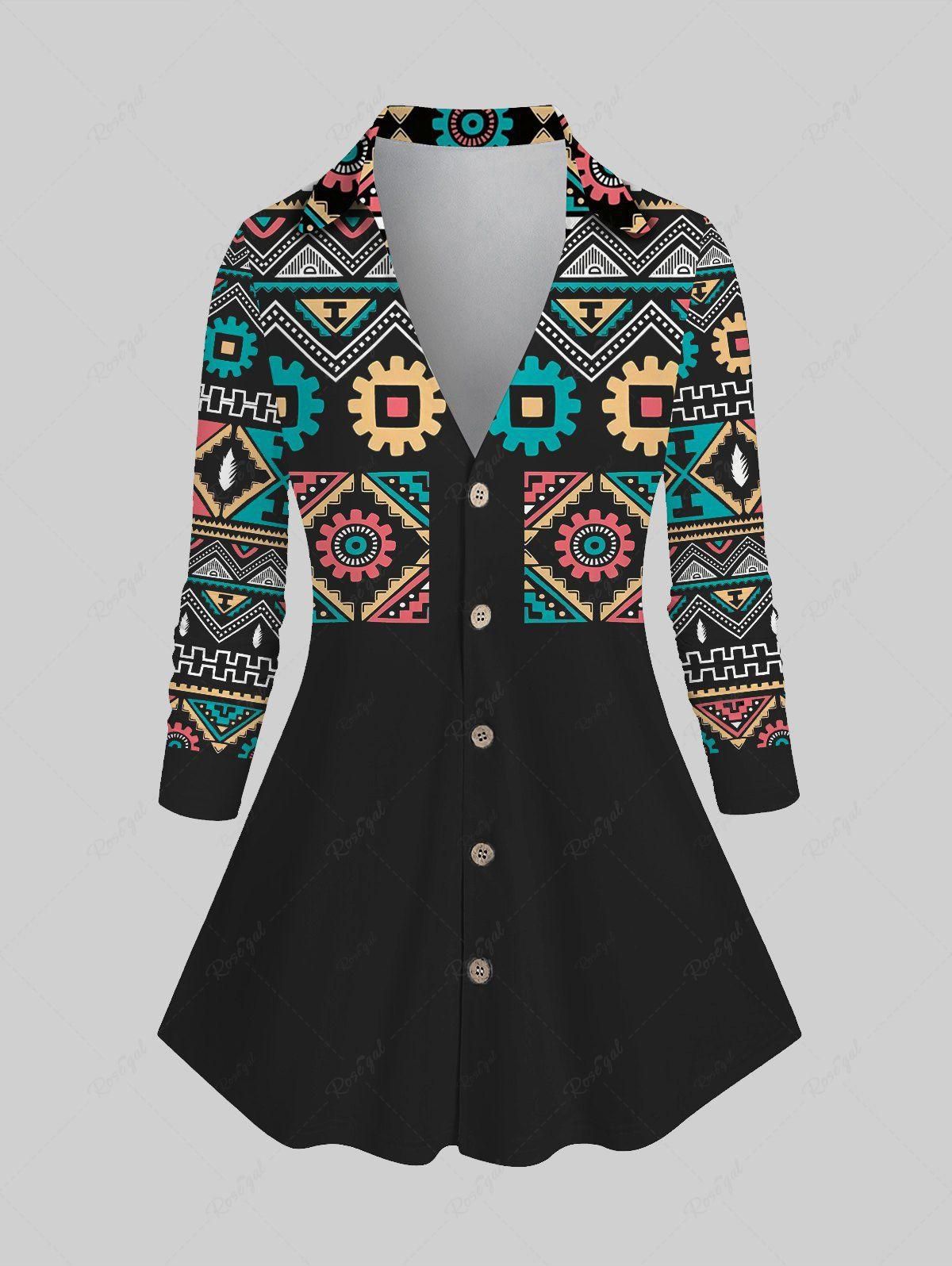 Plus Size Ethnic Printed Button Front Shirt - S | Us 8